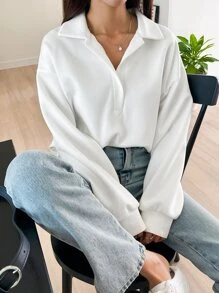 DAZY Drop Shoulder Polo Neck Sweatshirt,Long Sleeve Tops,Fall Clothes,Back To School Clothes - White - View 2