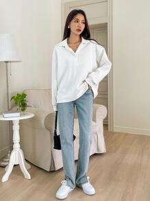 DAZY Drop Shoulder Polo Neck Sweatshirt,Long Sleeve Tops,Fall Clothes,Back To School Clothes - White - View 3