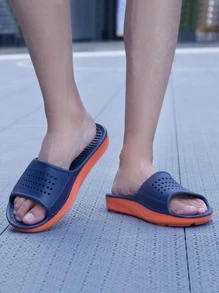 Men Hollow Out Single Band Bathroom Slippers - Navy Blue - View 2