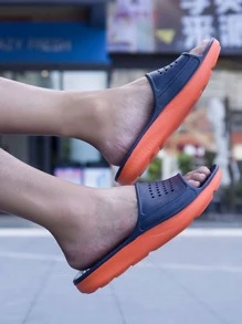 Men Hollow Out Single Band Bathroom Slippers - Navy Blue - View 4