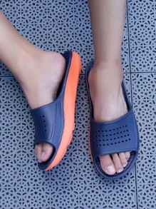 Men Hollow Out Single Band Bathroom Slippers - Navy Blue - View 6