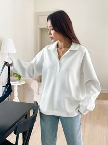 DAZY Drop Shoulder Polo Neck Sweatshirt,Long Sleeve Tops,Fall Clothes,Back To School Clothes - White - View 6
