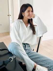 DAZY Drop Shoulder Polo Neck Sweatshirt,Long Sleeve Tops,Fall Clothes,Back To School Clothes - White - View 7