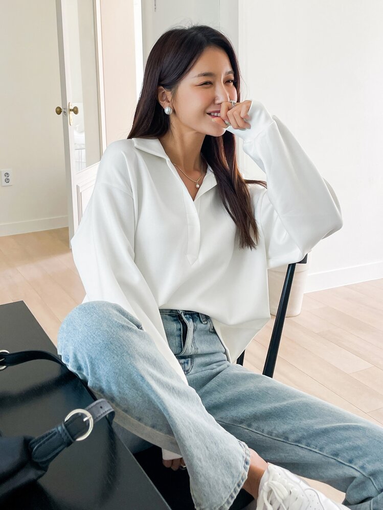 DAZY Drop Shoulder Polo Neck Sweatshirt,Long Sleeve Tops,Fall Clothes,Back To School Clothes - White - View 7