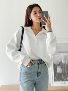 DAZY Drop Shoulder Polo Neck Sweatshirt,Long Sleeve Tops,Fall Clothes,Back To School Clothes - White - View 8