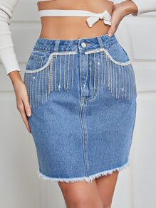 Rhinestone Fringe Trim Raw Cut Denim Skirt - Light Wash - View 5