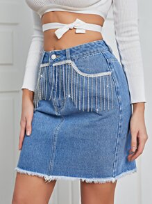 Rhinestone Fringe Trim Raw Cut Denim Skirt - Light Wash - View 6