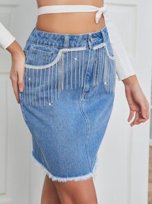 Rhinestone Fringe Trim Raw Cut Denim Skirt - Light Wash - View 1