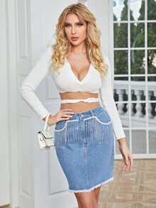 Rhinestone Fringe Trim Raw Cut Denim Skirt - Light Wash - View 4