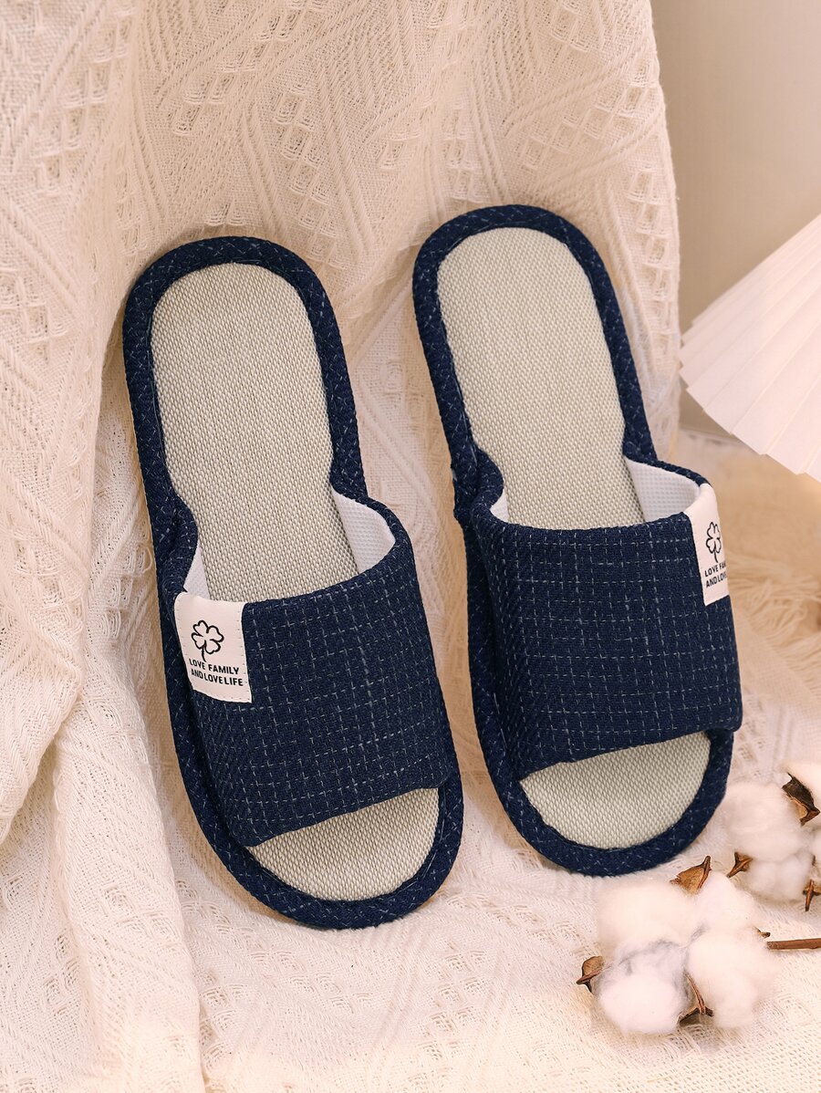 男士亚麻字母標籤裝飾臥室拖鞋 - 藏蓝色 - 查看 1