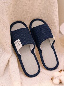 男士亚麻字母標籤裝飾臥室拖鞋 - 藏蓝色 - 查看 3