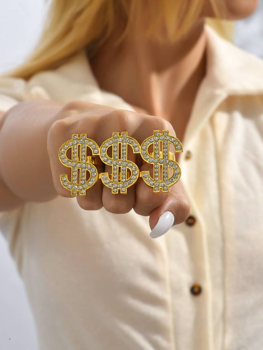 水鑽美元裝飾連體戒指 - 金黃色 - 查看 1