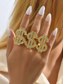 水鑽美元裝飾連體戒指 - 金黃色 - 查看 2