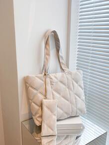 Quilted Detail Shoulder Tote Bag With Purse - Beige - View 1