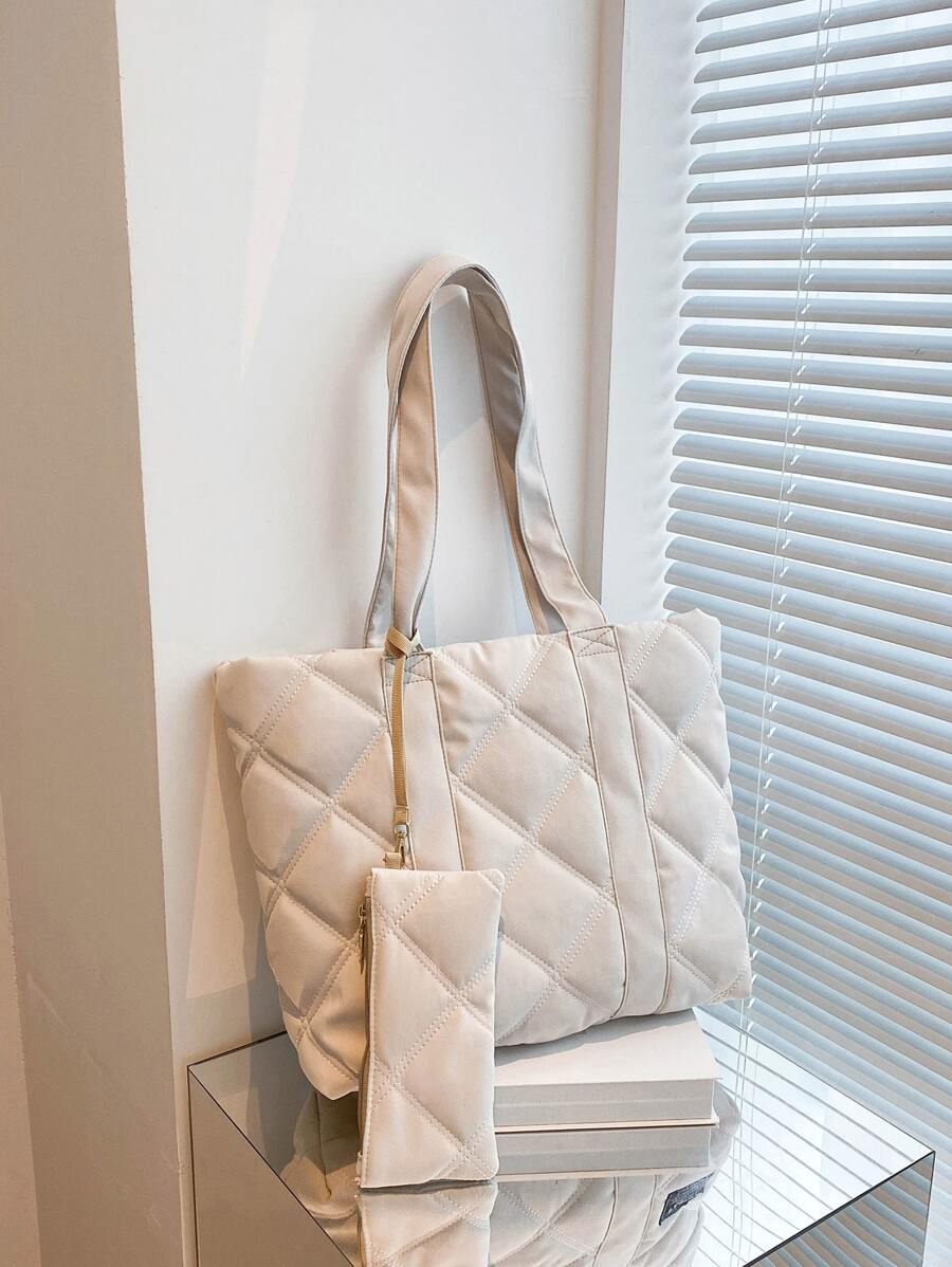 Quilted Detail Shoulder Tote Bag With Purse - Beige - View 1