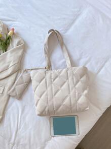 Quilted Detail Shoulder Tote Bag With Purse - Beige - View 2