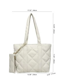 Quilted Detail Shoulder Tote Bag With Purse - Beige - View 3