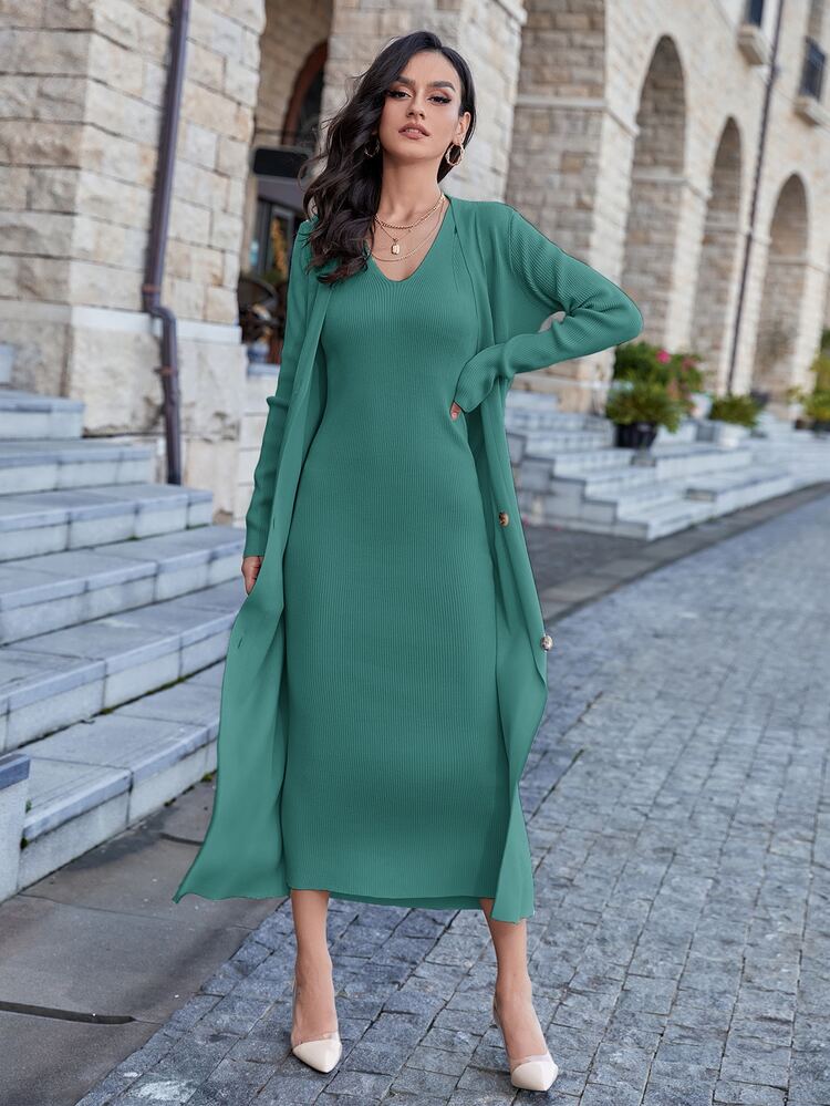 Modelyn 素色無袖毛衣洋裝和前紐扣開襟衫 - 綠色 - 查看 8