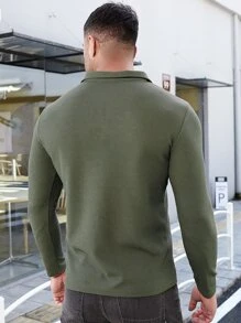 男士字母貼布1/4拉鍊POLO衫 - 軍綠色 - 查看 2