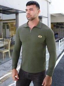 男士字母貼布1/4拉鍊POLO衫 - 軍綠色 - 查看 3