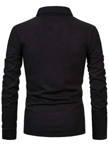 Áo thun có cổ Nam Nút phía trước Kẻ sọc Công việc - màu đen - Xem 2