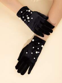 Faux Pearl Decor Gloves - Black - View 1