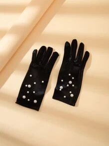 Faux Pearl Decor Gloves - Black - View 2
