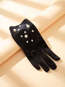 Faux Pearl Decor Gloves - Black - View 3