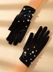 Faux Pearl Decor Gloves - Black - View 4