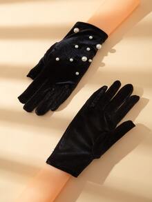 Faux Pearl Decor Gloves - Black - View 5
