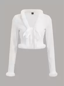 SHEIN ICON Fuzzy Trim Knot Front Crop Top - White - View 1