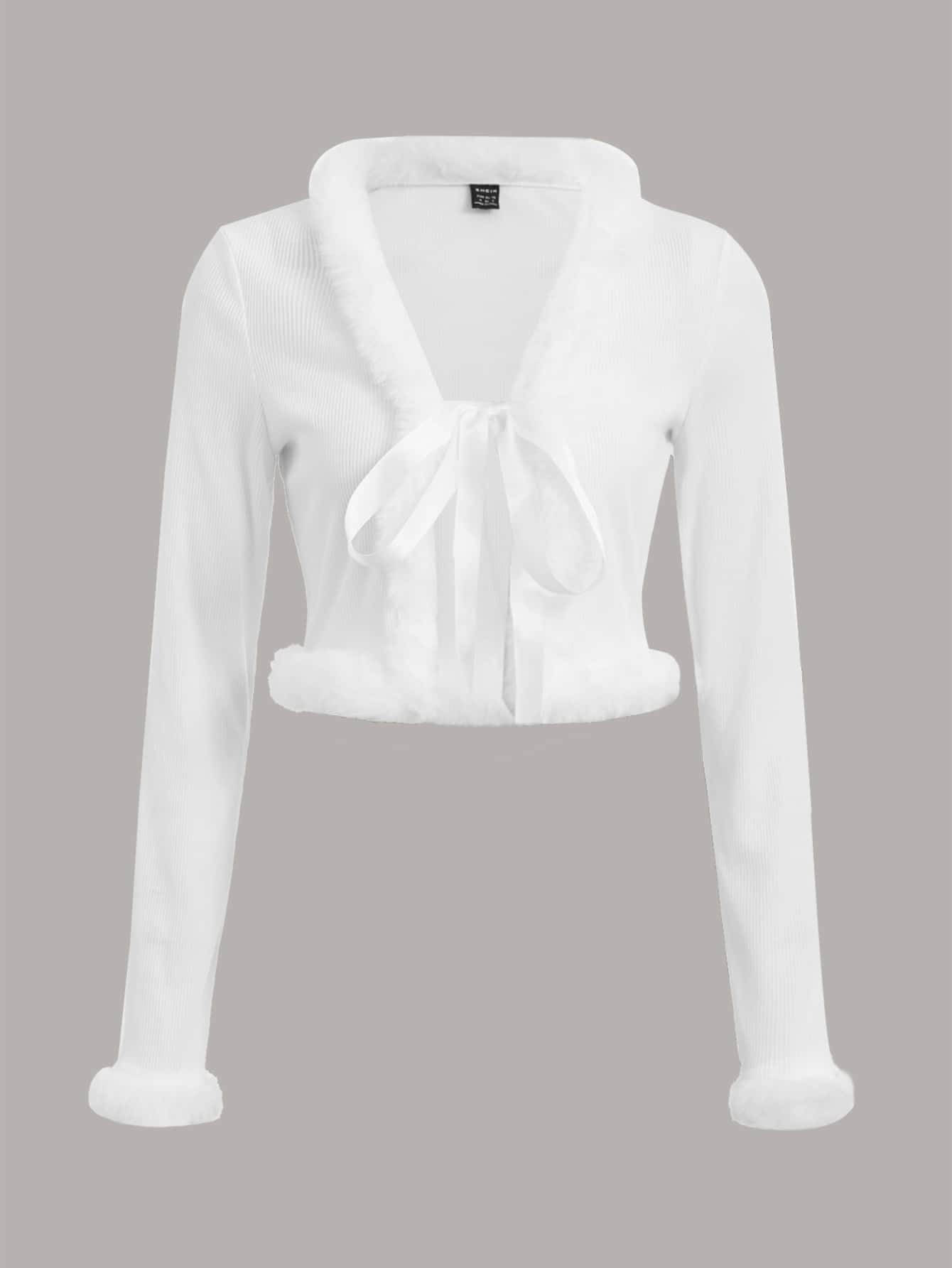 SHEIN ICON Fuzzy Trim Knot Front Crop Top - White - View 1