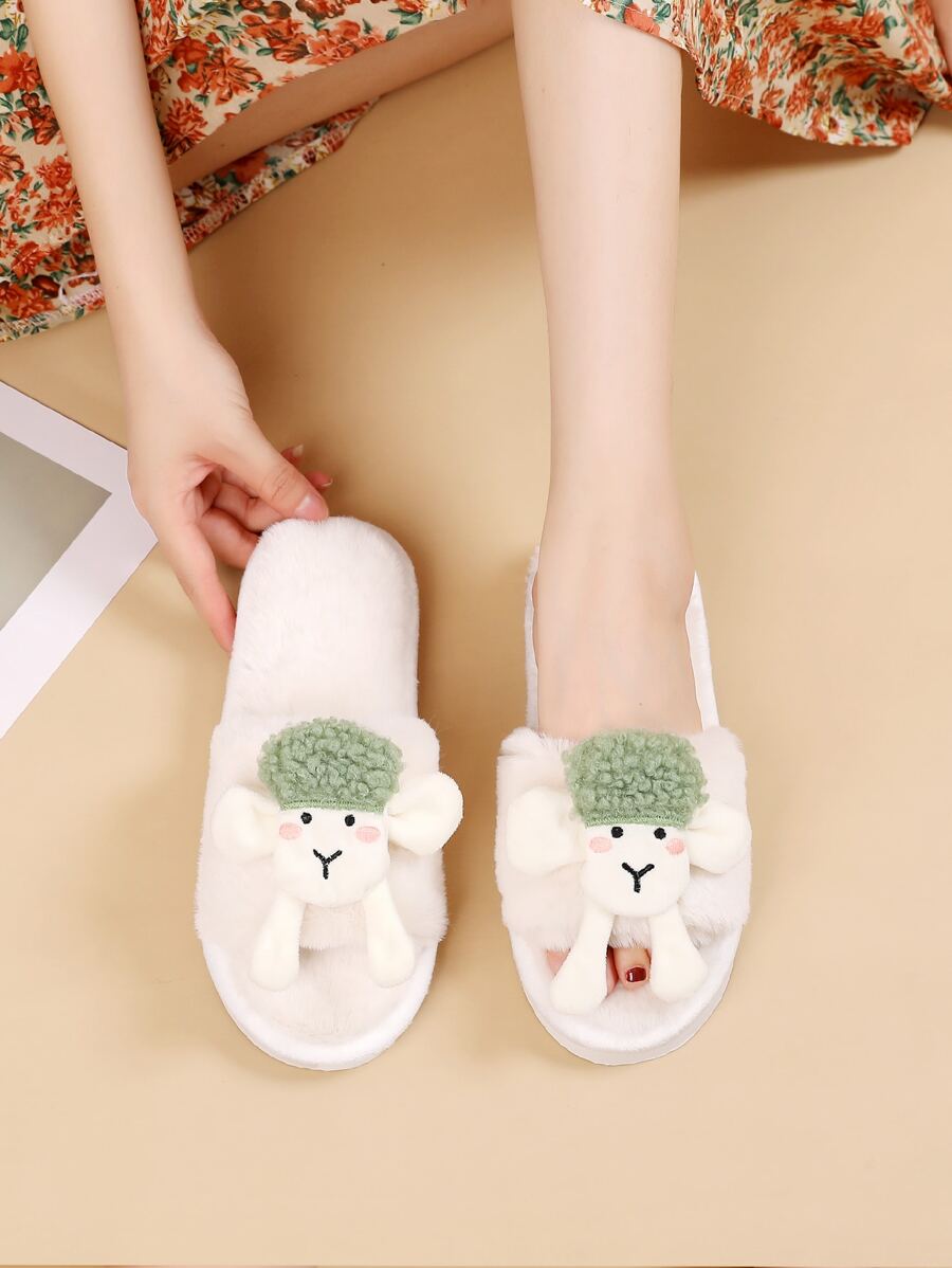 卡通羊裝飾毛茸茸趣味拖鞋 - 米色 - 查看 1