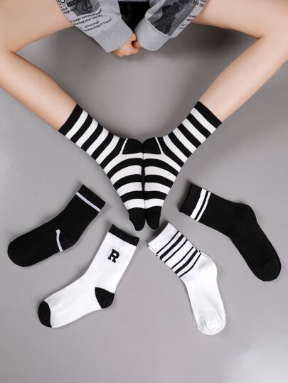 5pairs Striped & Letter Graphic Crew Socks