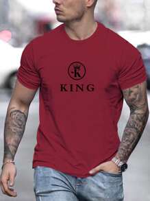 Manfinity Homme Men Letter Print Round Neck Tee - Burgundy - View 1