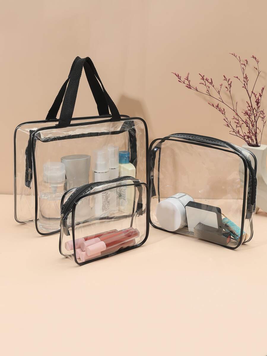 3pcs/set Transparent Cosmetic Storage Bag/makeup Bag Set - Black - View 1
