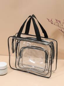 3pcs/set Transparent Cosmetic Storage Bag/makeup Bag Set - Black - View 3