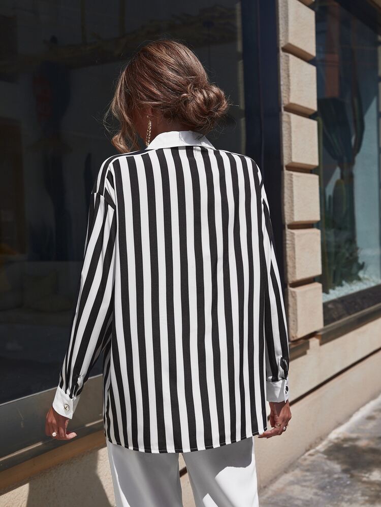 SHEIN Clasi 豎條紋落肩袖襯衫 - 黑與白 - 查看 2