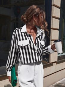 SHEIN Clasi 豎條紋落肩袖襯衫 - 黑與白 - 查看 5