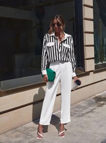 SHEIN Clasi 豎條紋落肩袖襯衫 - 黑與白 - 查看 6