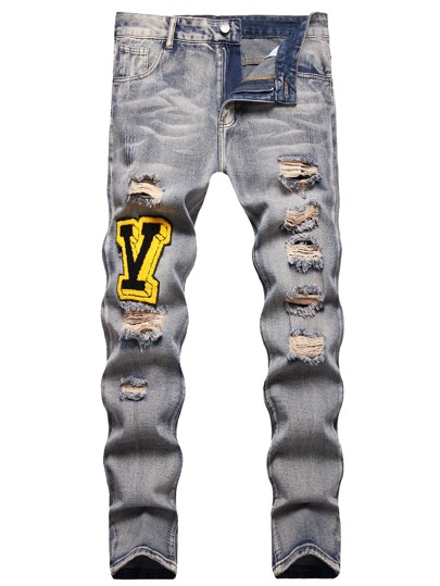 Guys Letter Patched Ripped Jeans
