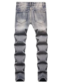 男式字母贴片破洞牛仔裤 - 淺色水洗藍 - 查看 2