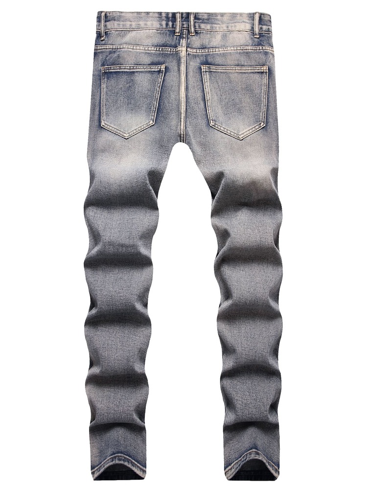 男式字母贴片破洞牛仔裤 - 淺色水洗藍 - 查看 2