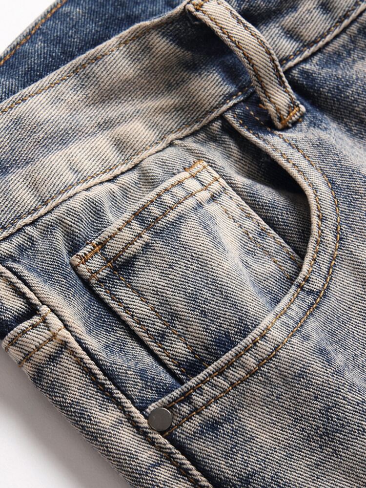男式字母贴片破洞牛仔裤 - 淺色水洗藍 - 查看 5