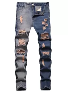 Hombres Jeans desgarro de dos tonos - Azul lavado medio - Ver 1