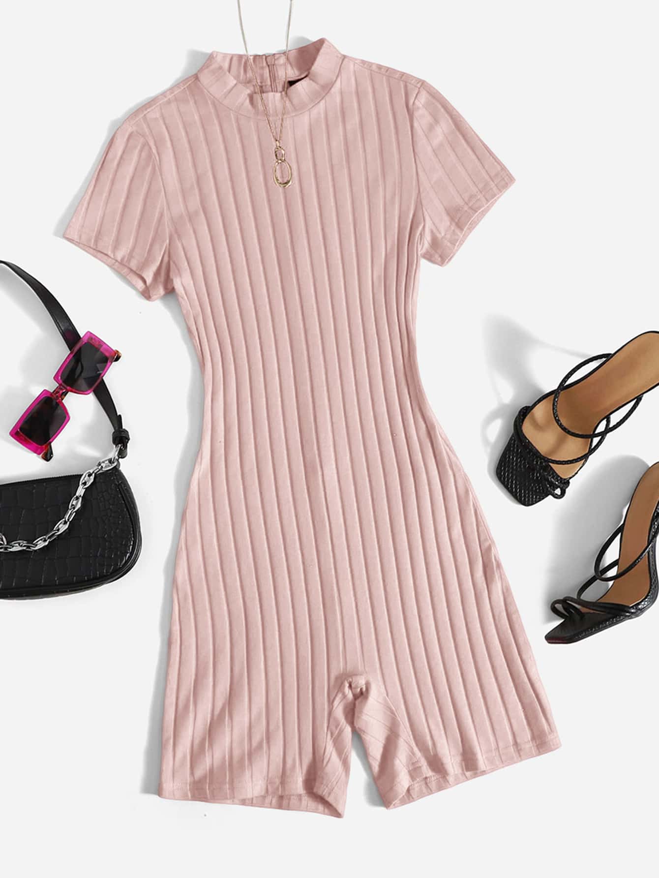 SHEIN EZwear Mock Neck Rib-knit Unitard Romper - Baby Pink - View 1