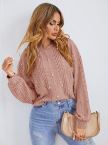 SHEIN LUNE 珍珠細節羅紋針織T恤 - 淺粉色 - 查看 1