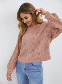 SHEIN LUNE 珍珠細節羅紋針織T恤 - 淺粉色 - 查看 3