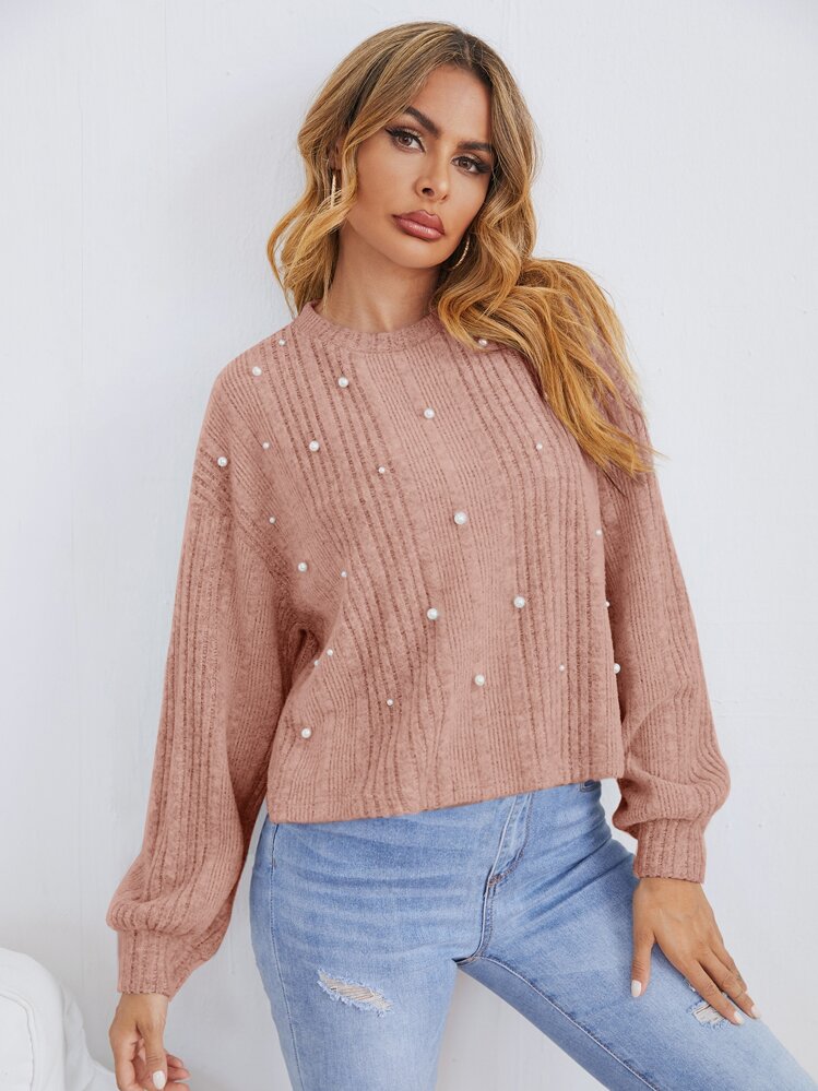 SHEIN LUNE 珍珠細節羅紋針織T恤 - 淺粉色 - 查看 5