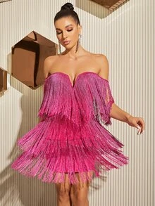 Glamaker Off Shoulder Fringe Trim Dress - Hot Pink - View 5